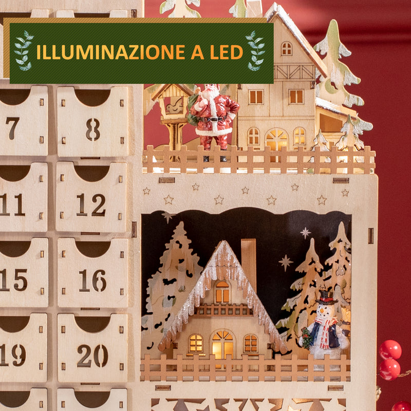 Calendario Avvento di Natale 22x9x30 cm con 12 Luci a LED in Compensato Arancione-4