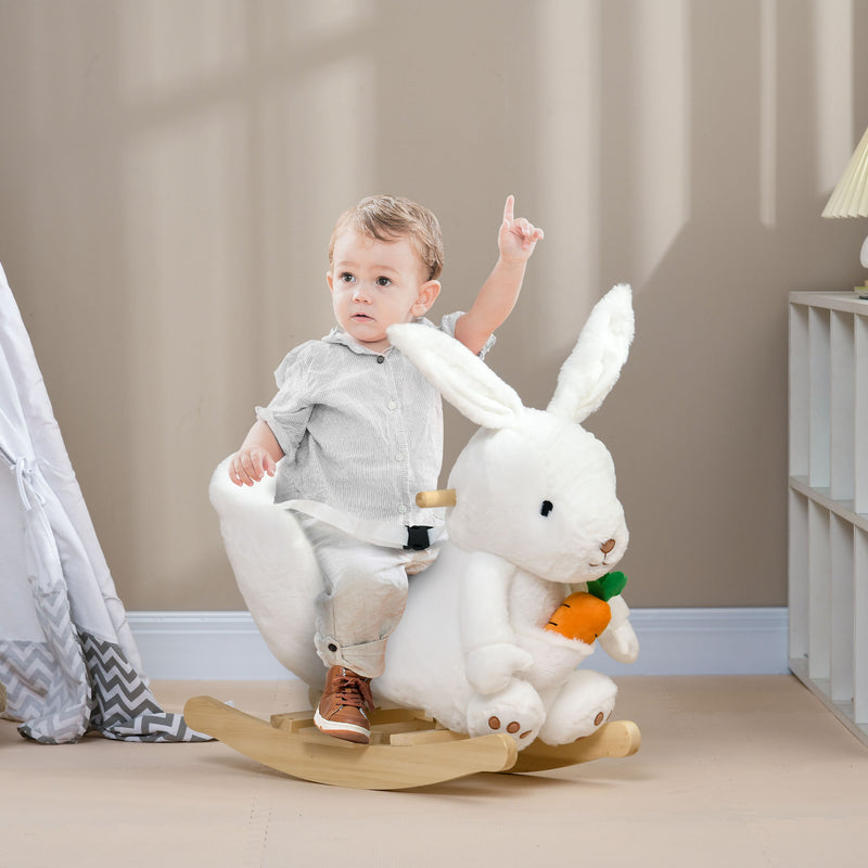 Cavallo a Dondolo per Bambini in Legno e Peluche Coniglio Bianco-2