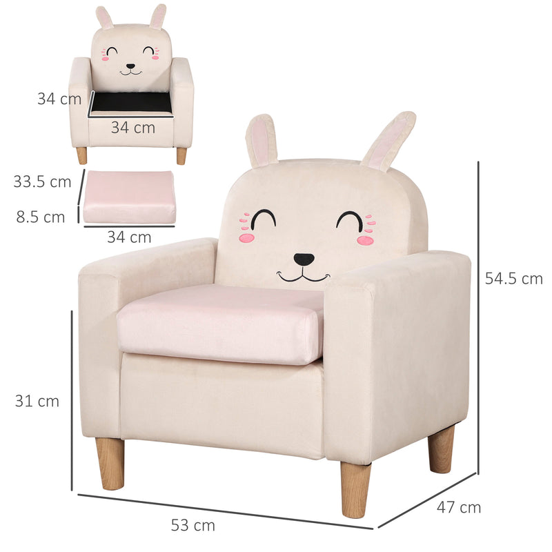 Poltroncina per Bambini con Design a Coniglio 53x47x54,5 cm Gambe in Legno Crema-3