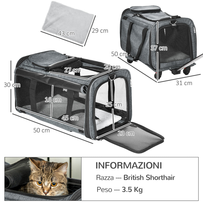 Trasportino per Cani e Gatti 4 in 1 Pieghevole 50x31x37 cm con Maniglia Telescopica Grigio-3