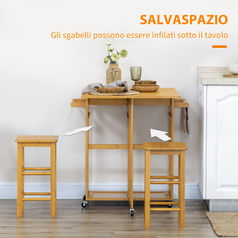 Carrello da Cucina 82,5x75,5x83,5 cm con Tavolino Pieghevole e 2 Sgabelli in Legno di Bambù Marrone-7