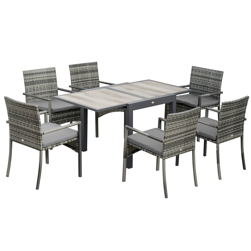 Set Tavolo Allungabile e 6 Sedie da Giardino con Cuscini in Rattan PE Grigio e Marrone-1