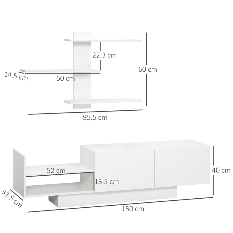 Mobile TV con Armadietto e Mensola a Muro  150x31,5x40 cm in Legno Bianco-3