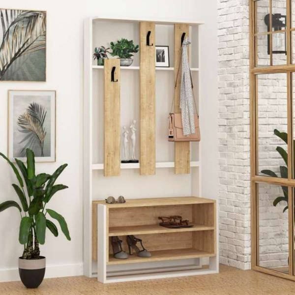 prezzo Meuble d'entrée avec étagère à chaussures et cintre 90x36x180 cm en MDF Chester Chêne Blanc