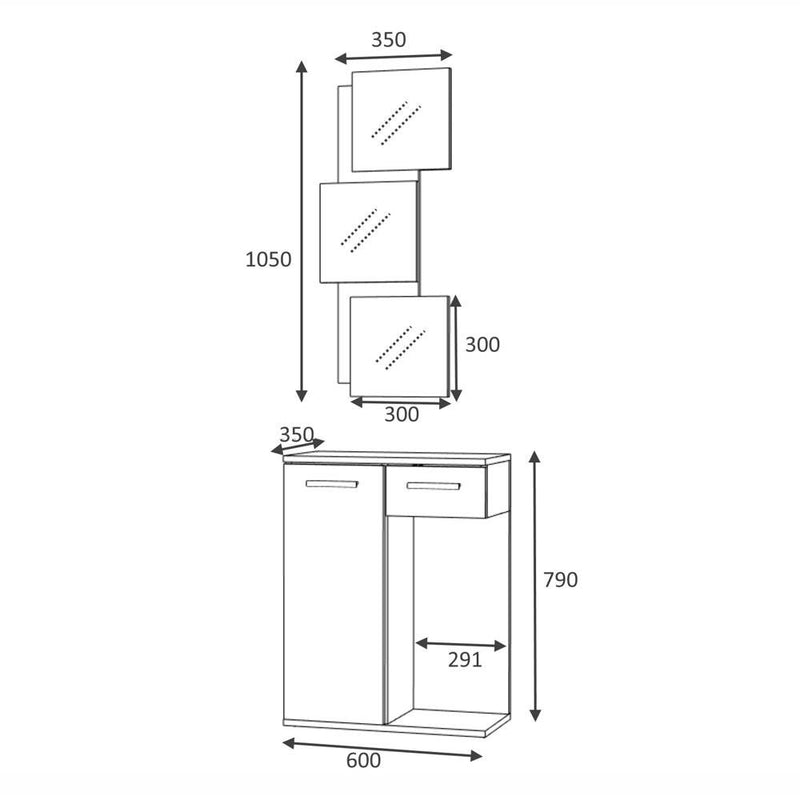 Mobile ingresso Lion 60x35x79 cm con specchi anta e cassetto rovere bianco-3