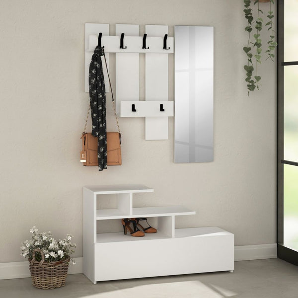 Mobile Ingresso Scarpiera Appendiabiti e Specchio 100x30x61 cm in MDF Vesty Bianco sconto