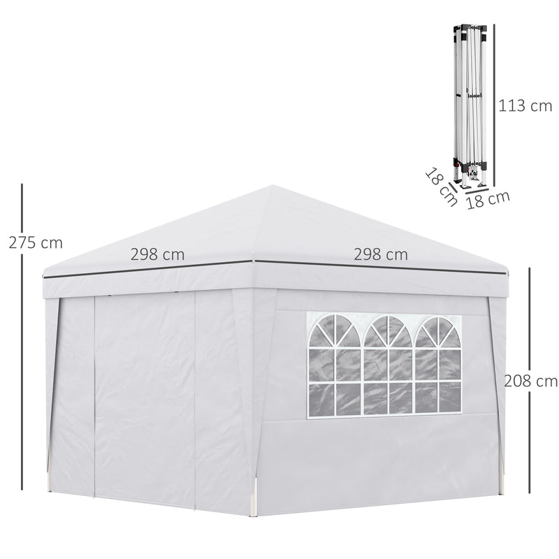 Gazebo da Giardino Pieghevole 3x3m con Design Pop Up e Finestre in Tessuto Oxford Bianco-3