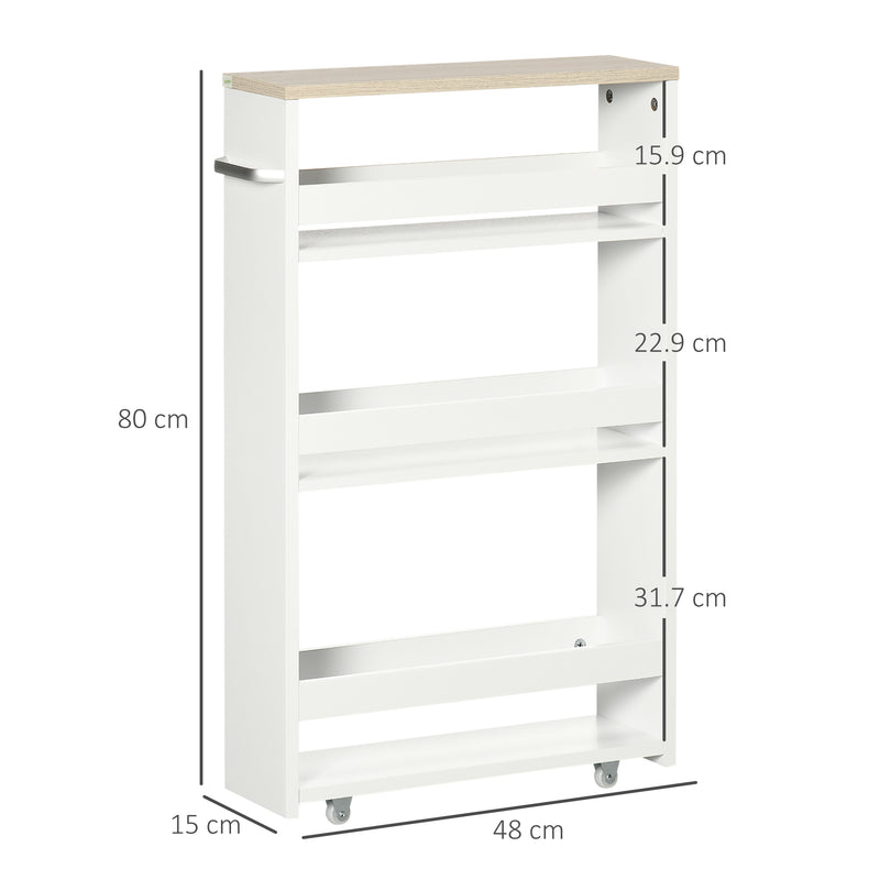 Carrello Bagno Salvaspazio a 3 Ripiani 48x15x80 cm con Rotelle e Maniglia in Legno Bianco-3