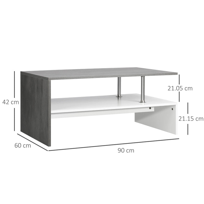 Tavolino da Salotto 2 Livelli 90x60x42 cm in Truciolato e Acciaio Inox Bianco e Cemento-3