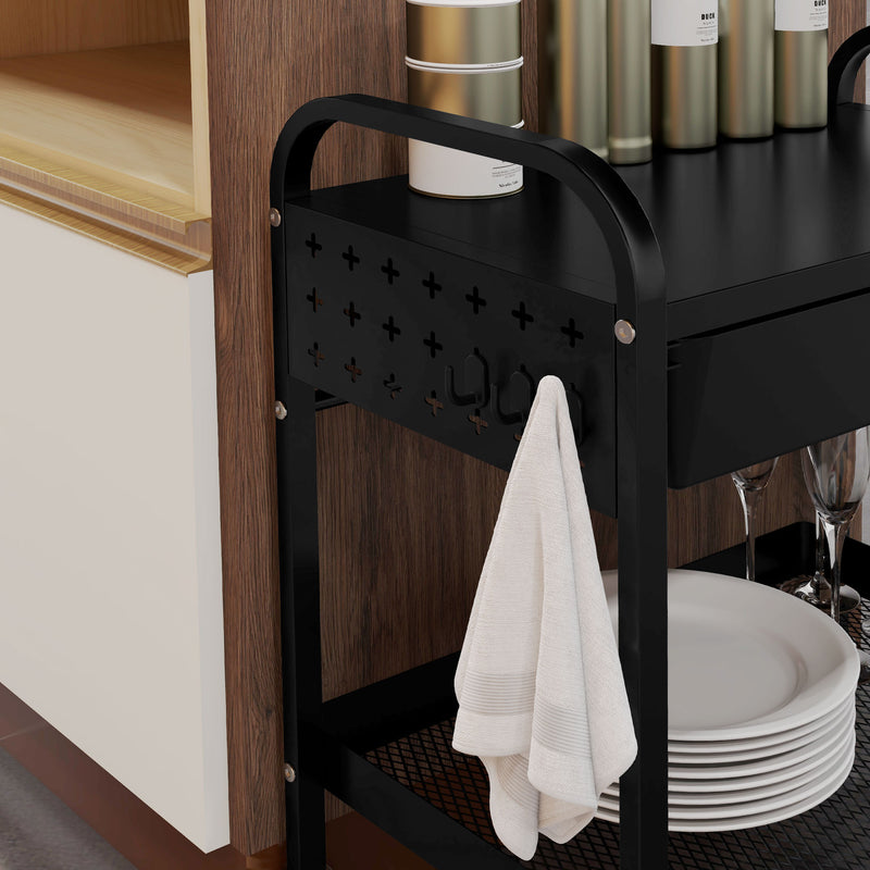 Carrello da Cucina con Cesto Cassetto Estraibile e 3 Ganci 61x32,6x58,5 cm in PP e Metallo Nero-9