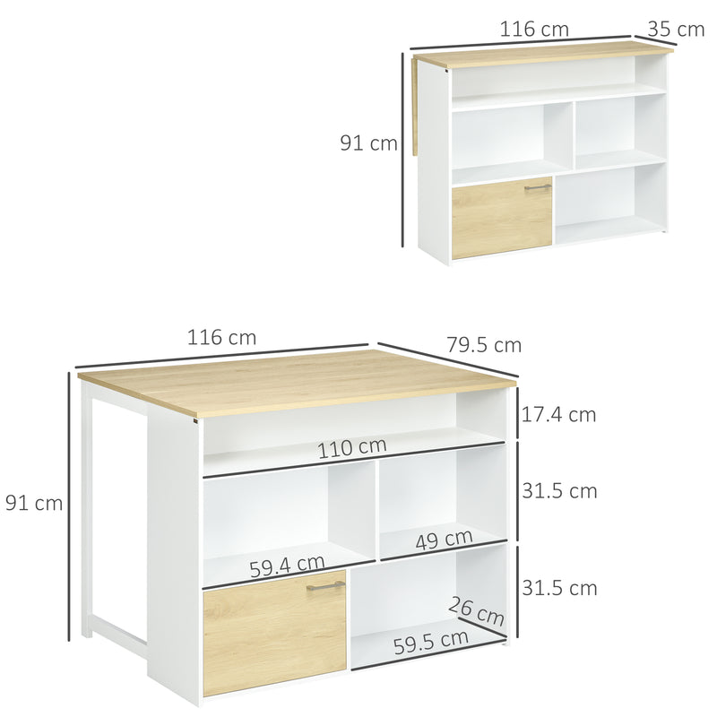 Isola da Cucina con Piano a Ribalta 116x79,5x91 cm in MDF Bianco e Legno Naturale-3