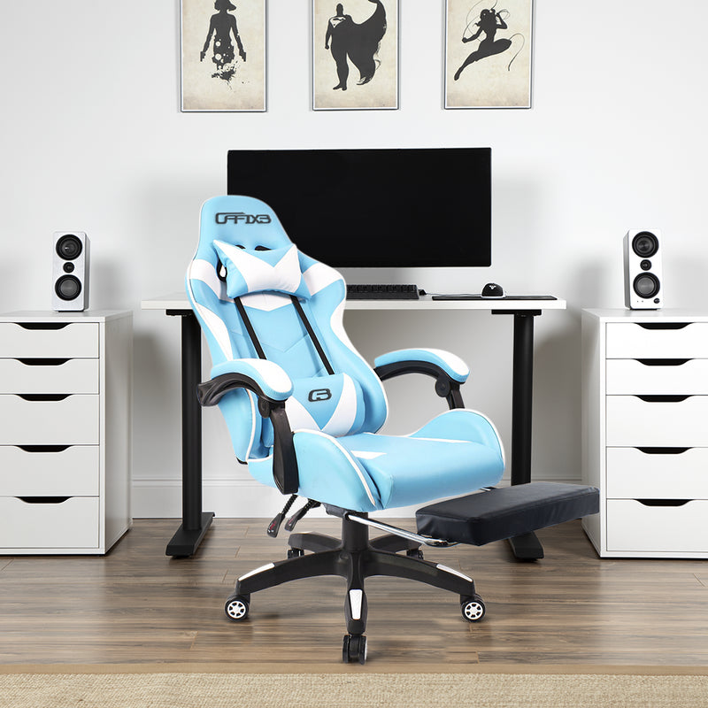 Sedia Gaming con Poggiapiedi in Similpelle Azzurro-2