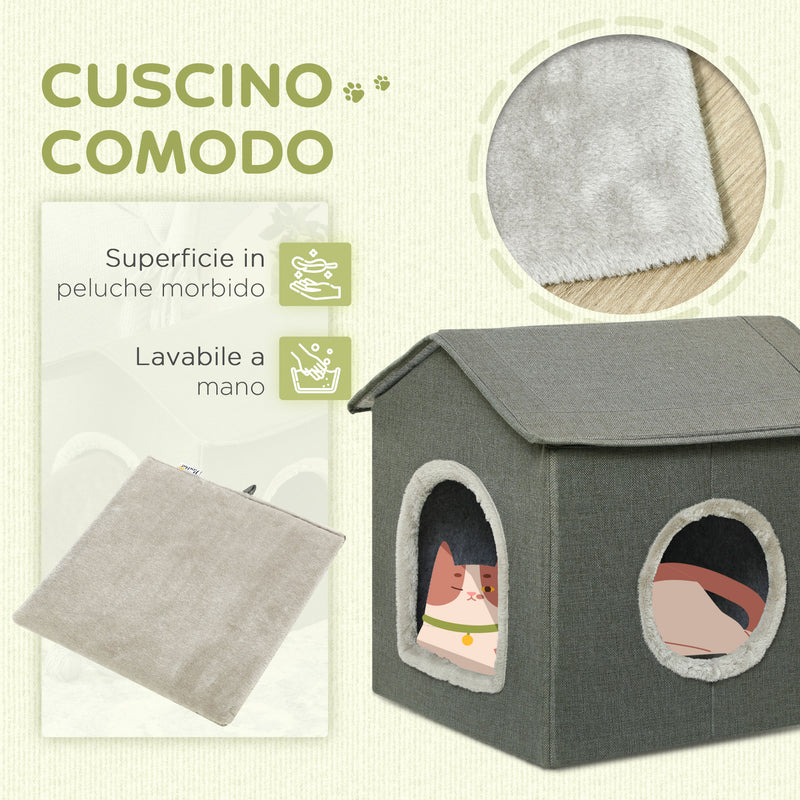 Casetta per Gatti 39x43,5x40,5 cm  2 Entrate con Cuscini Verde-4