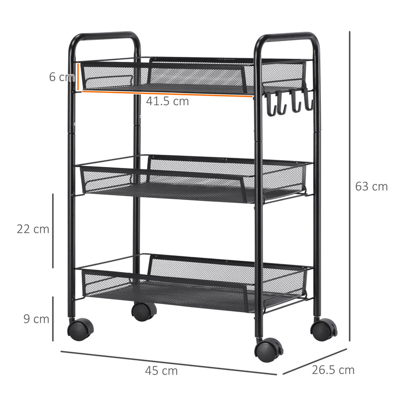 Carrello da Cucina a 3 Ripiani 41,5x26,5x63 cm in Acciaio e Polipropilene Nero-3