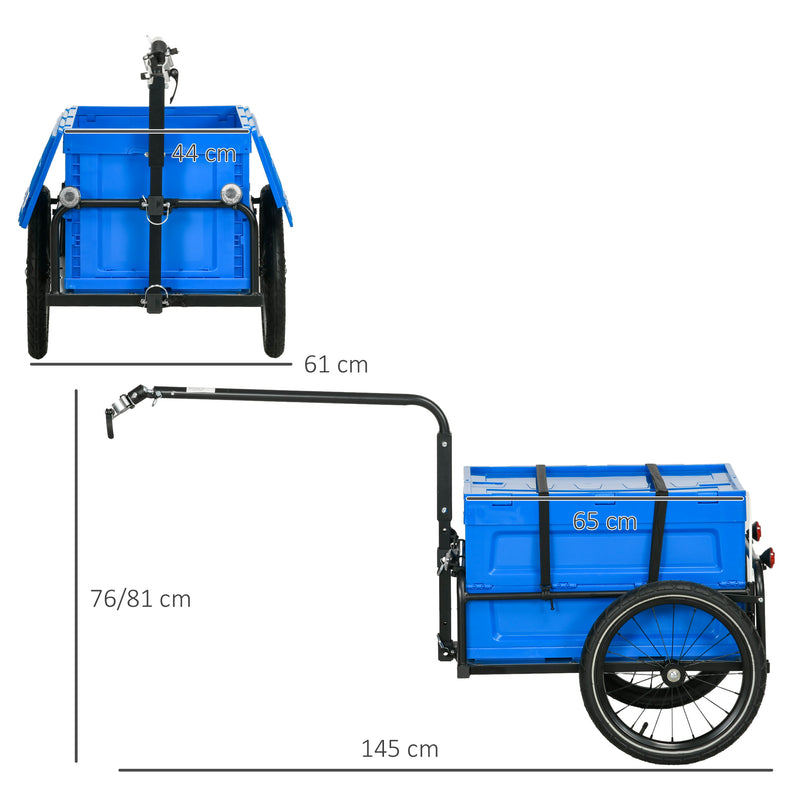 Rimorchio Bici ad Altezza Regolabile con Box Portaoggetti da 65L in Plastica 145x61x76/81 cm in Acciaio Blu-3