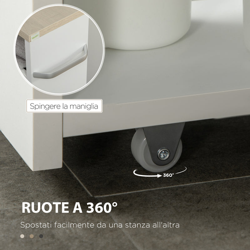 Carrello Bagno Salvaspazio a 3 Ripiani 48x15x80 cm con Rotelle e Maniglia in Legno Bianco-5