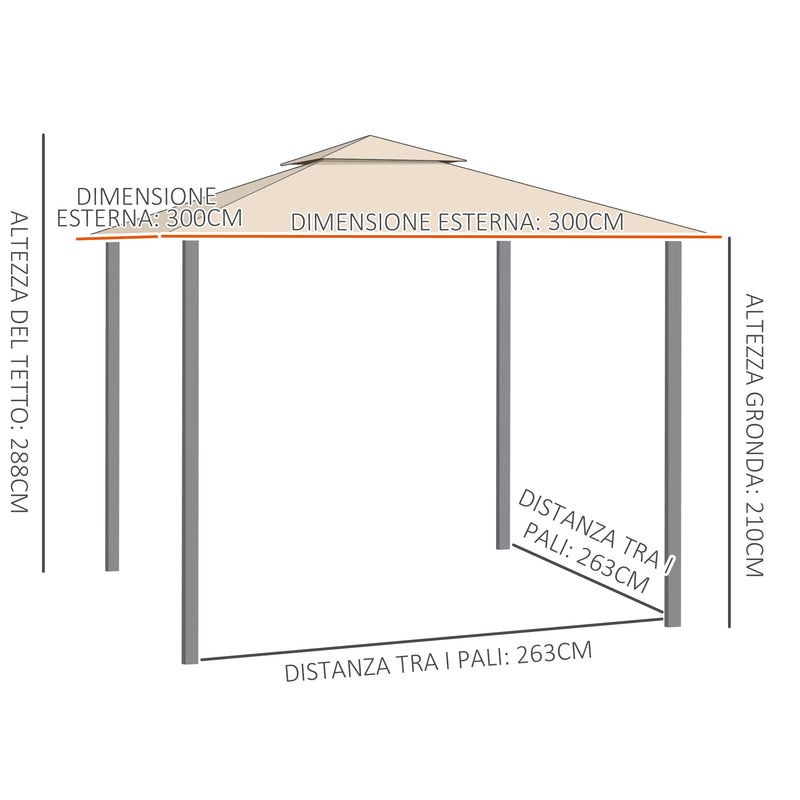 Gazebo da Giardino 3x3m con Tenda Parasole Laterale Cachi-3