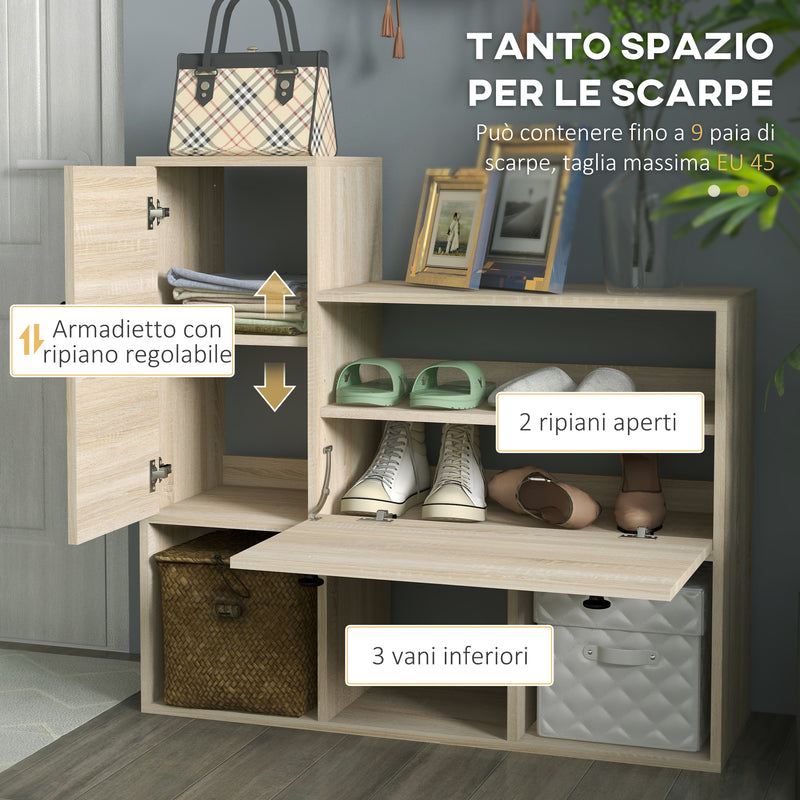 Mobile Ingresso 3 in 1 con Scarpiera Appendiabiti e Specchio Colore Legno Naturale e Nero-6