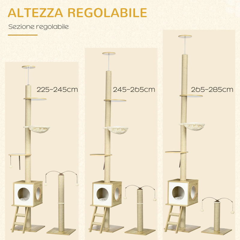 Albero per Gatti con Tiragraffi 40x40x225-285 cm Casetta Amaca e Pallina in Truciolato e iuta Beige e bianco-6