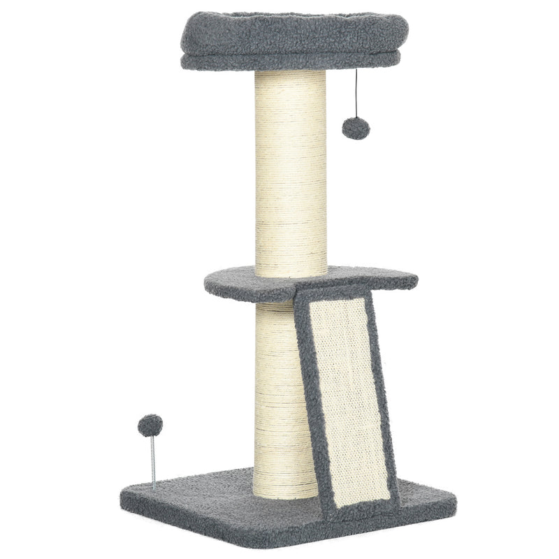 Torre per Gatti Tiragraffi 48x48x92 cm con Palline e Posatoi in Sisal e Finto Vello d'Agnello-1