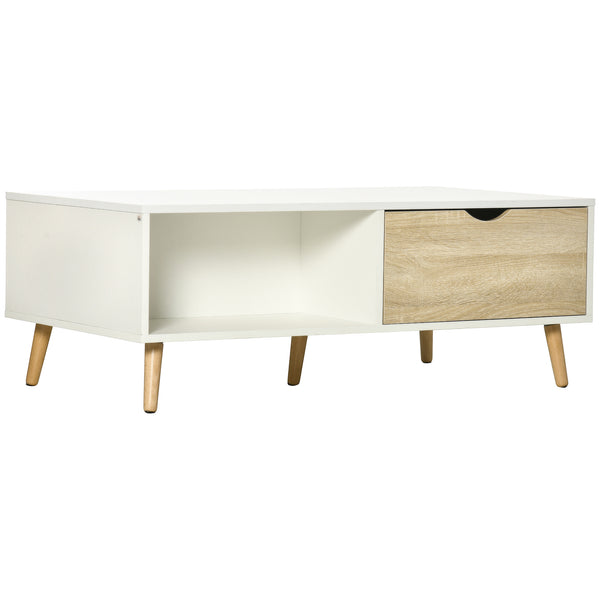 online Table basse 106x58x39,5 cm 1 tiroir et étagère en aggloméré blanc et bois