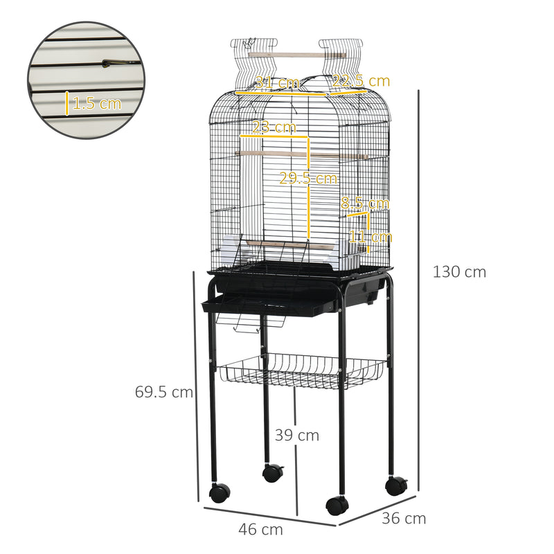 Gabbia per Uccelli con 3 Posatoi 2 Ciotole e 2 Porte Laterali 46x36x130 cm in Acciaio PP e Legno Nera-3