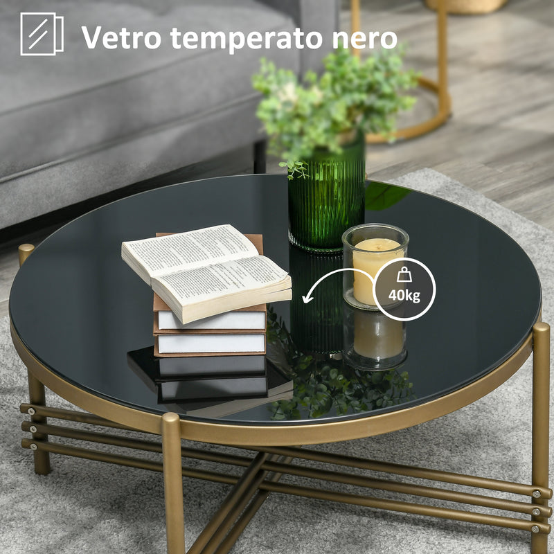 Tavolino da Caffè con Piano in Vetro Temperato Ø85x41 cm Base in Metallo Nero e Oro-5