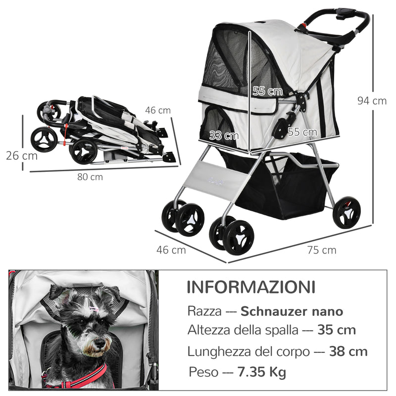 Passeggino per Cani Pieghevole con 3 Reti e Cerniera 75x46x94 cm in Ferro e Tessuto Oxford Grigio-3