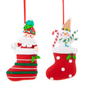 Set 12 Set di 2 Santa e Puppazzo di Neve Su Calza H12,5 cm Rosso/Verde-1