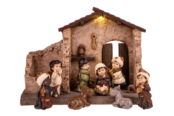 acquista Nativité 9 personnages avec hutte et led 16,5 cm en porcelaine