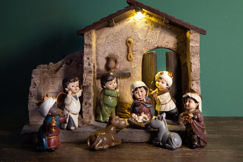 Natività 9 Personaggi con Capanna e Led 16,5 cm in Porcellana-2