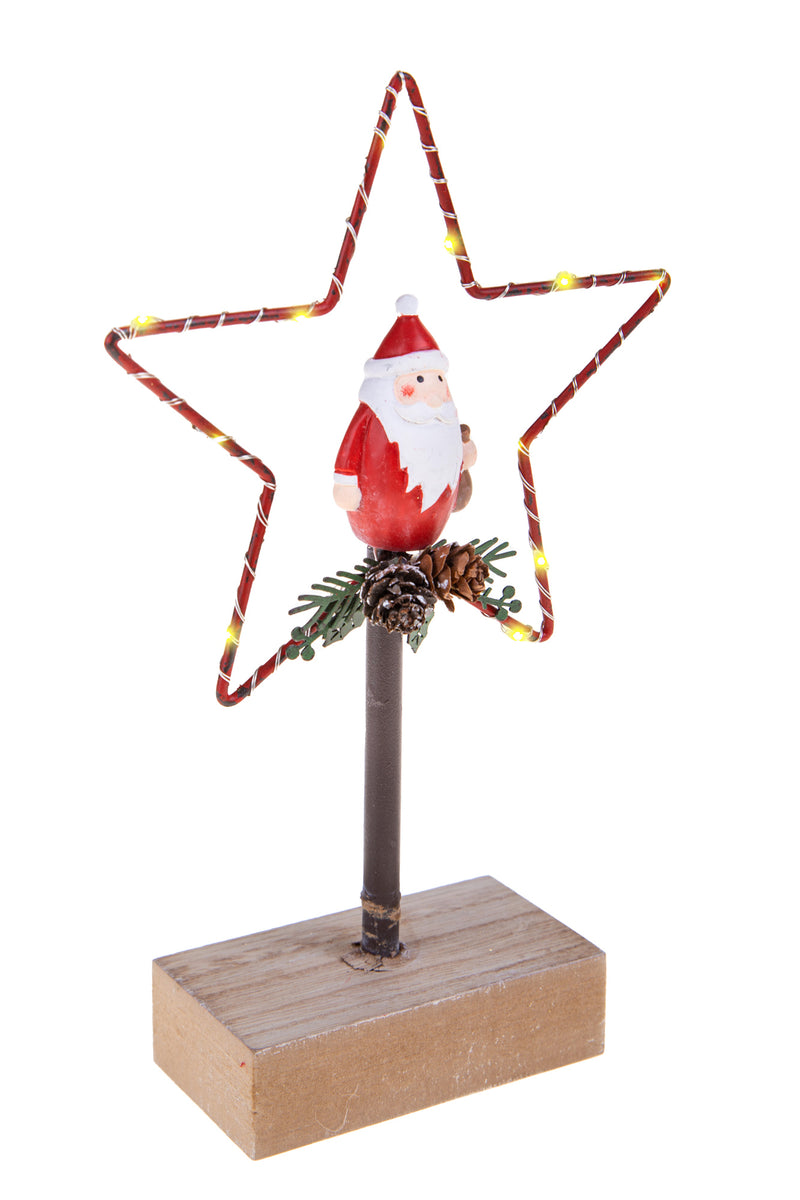 Set 2 Stella Babbo Natale con Led 22 cm in Metallo e Legno Rosso-3